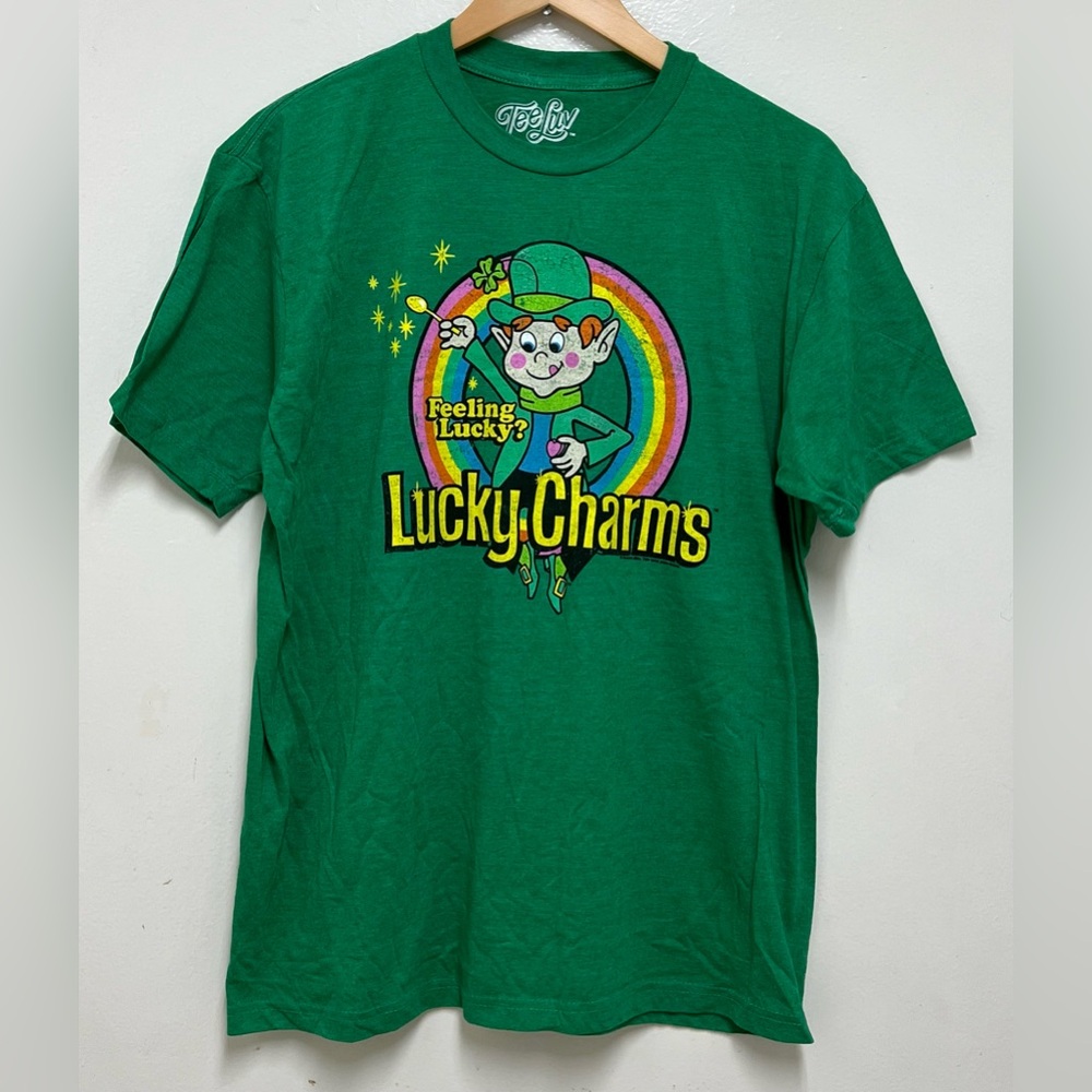 Tee-Luv Green Men's Lucky Charms 'Feeling Lucky?' Leprechaun Rainbow T-Shirt L